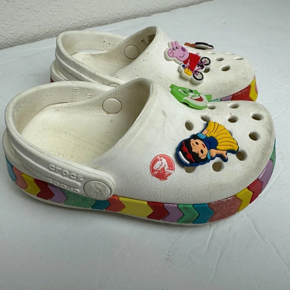 CROCS Girl's Sandals Flip Flop Clogs White Rainbow Size C7
